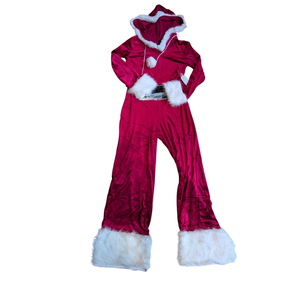 Sexy Santa Claus Costume Hooded Velvet Jumpsuit Red White Faux Fur Large